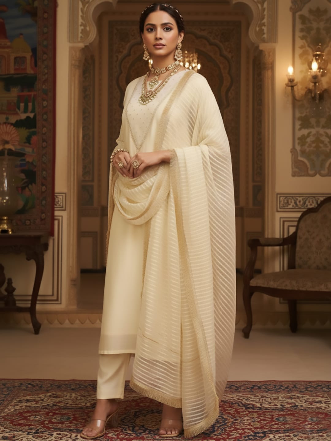 The Kurti Collection Women Zari Embroidered And Sequence Embellished With Organza Detailed Kurta With Bottom And Dupatta