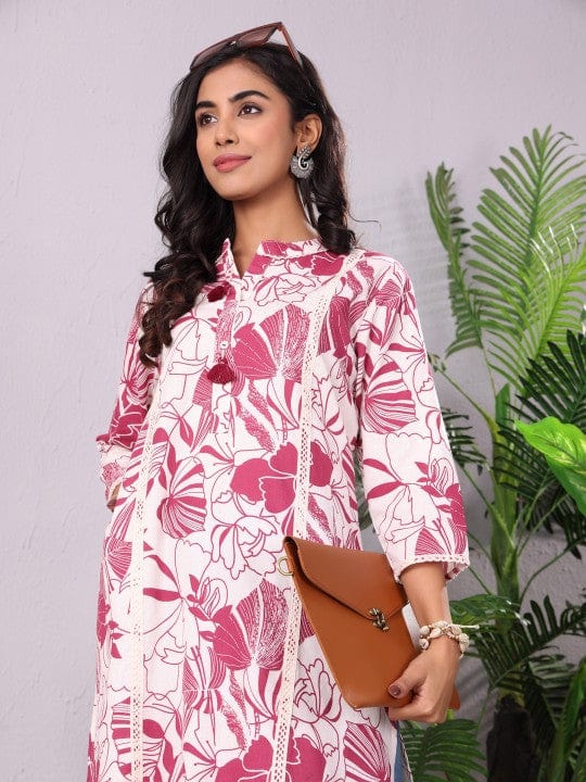 The Kurti Collection Floral Printed Mandarin Collar Panelled Cotton A-Line Kurta