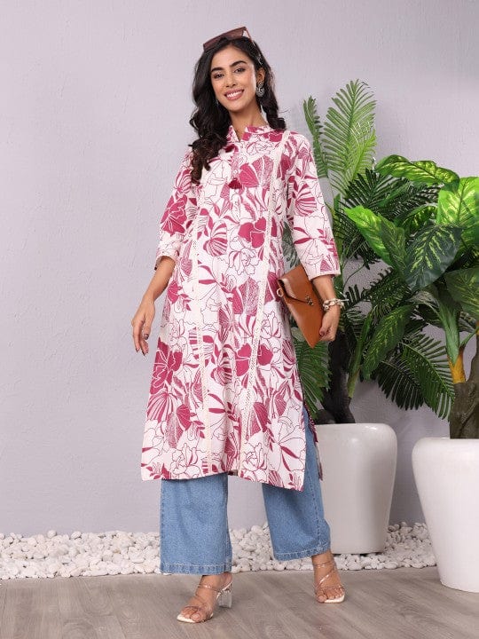 The Kurti Collection Floral Printed Mandarin Collar Panelled Cotton A-Line Kurta