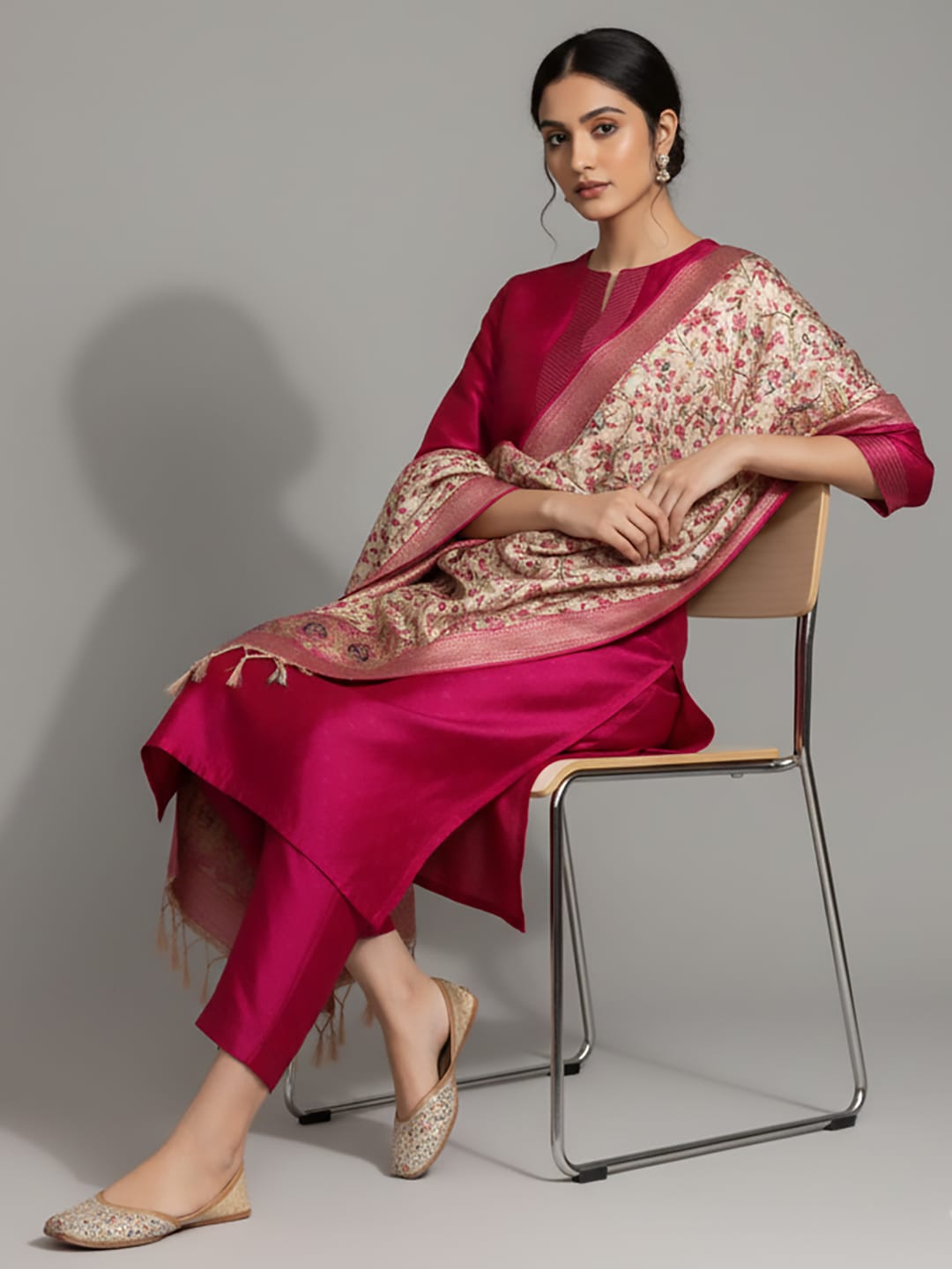 The Kurti Collection Women Pink Woven Zari Embroidered Straight Kurta With Bottom And Dupatta