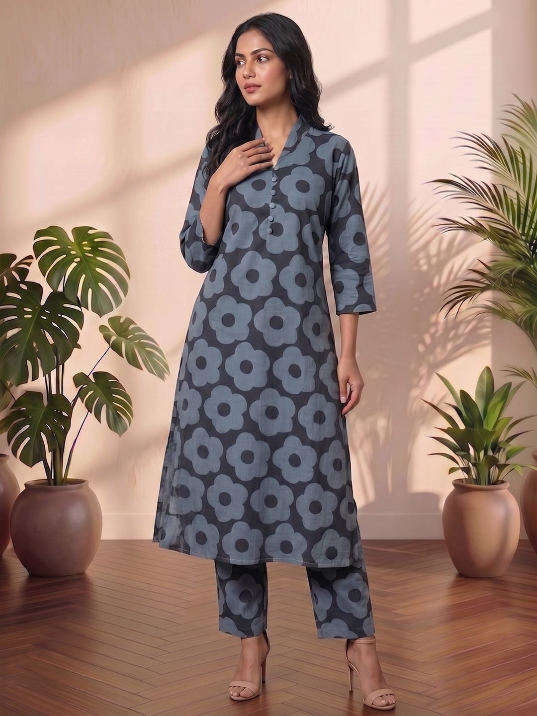 Bold Floral Prints Meet Effortless Comfort In This Chic Midnight Blue Kurta Set