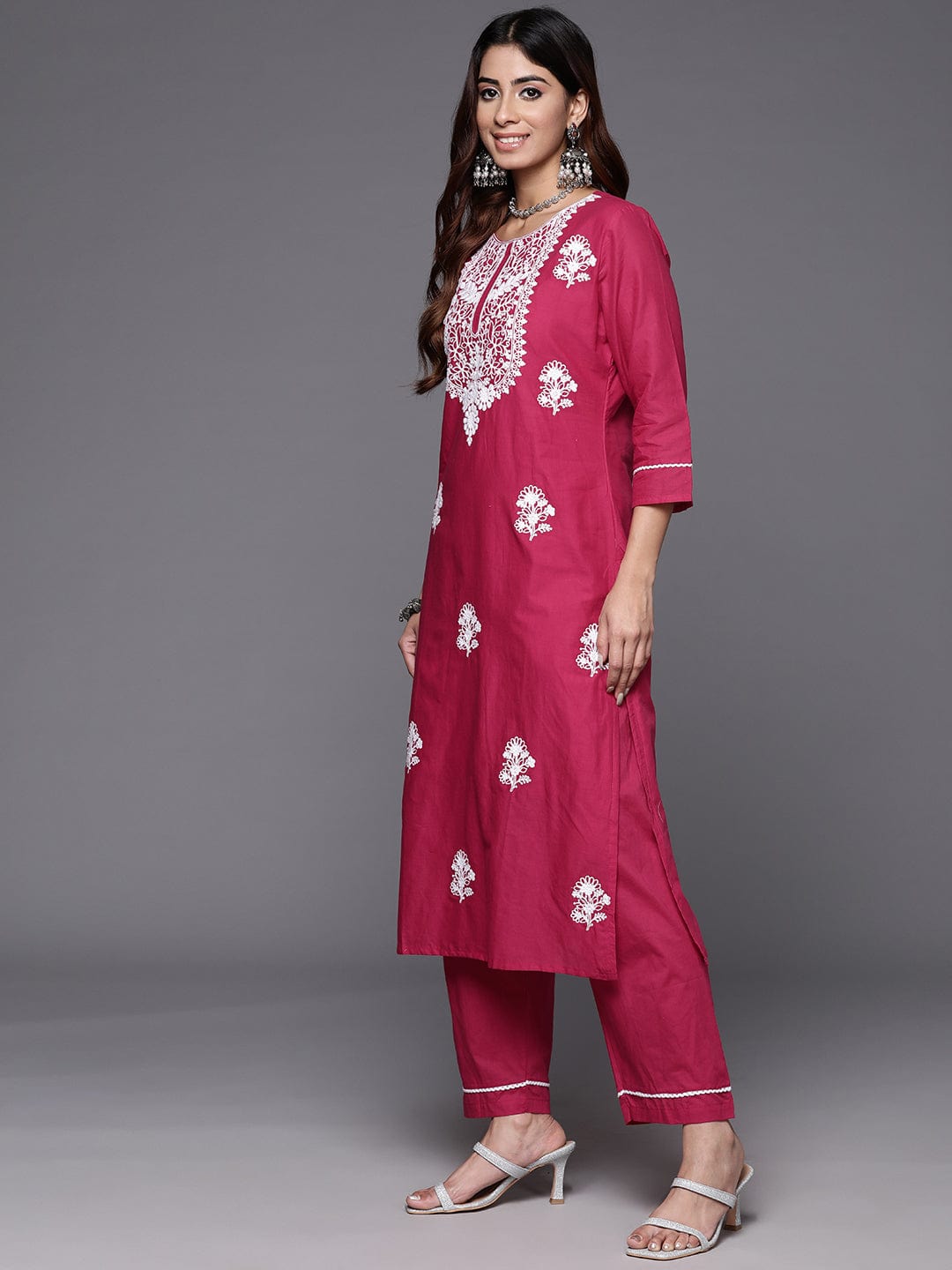 The Kurti Collection Floral Embroidered Thread Work Pure Cotton Kurta with Trousers & Dupatta