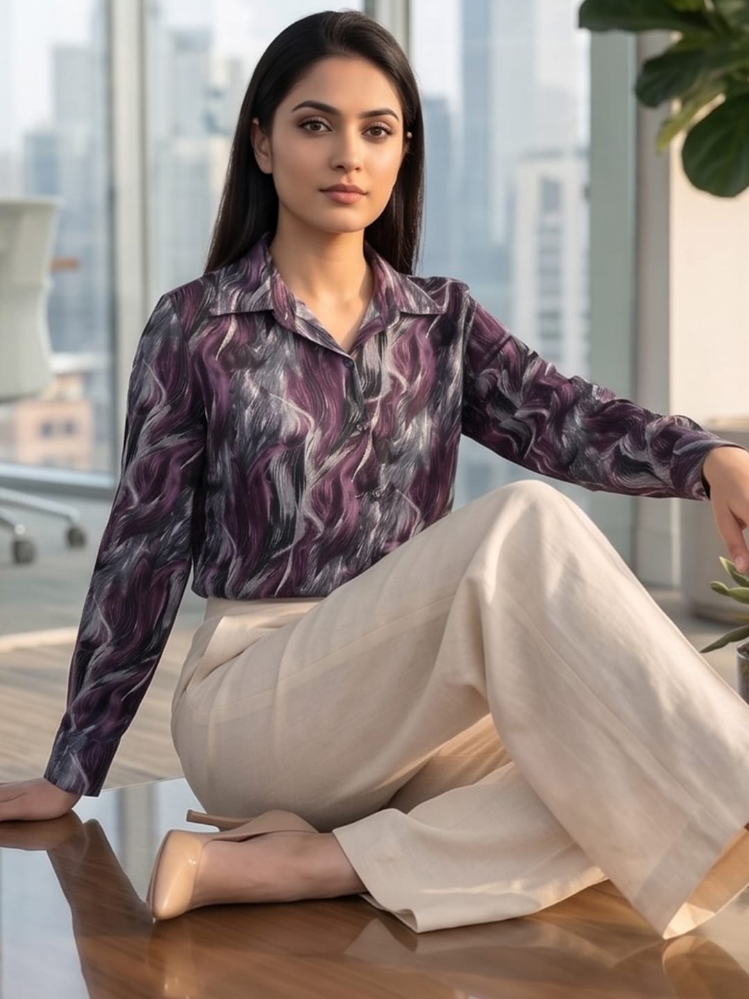 Purple Coloured Slim Collar Long Sleeves Abstract Shirt