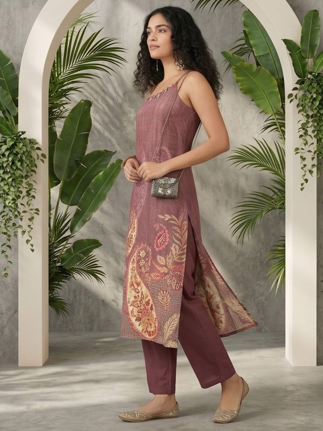 The Kurti Collection Women Spaghetti Strap Straight Floral Kurta With Trousers