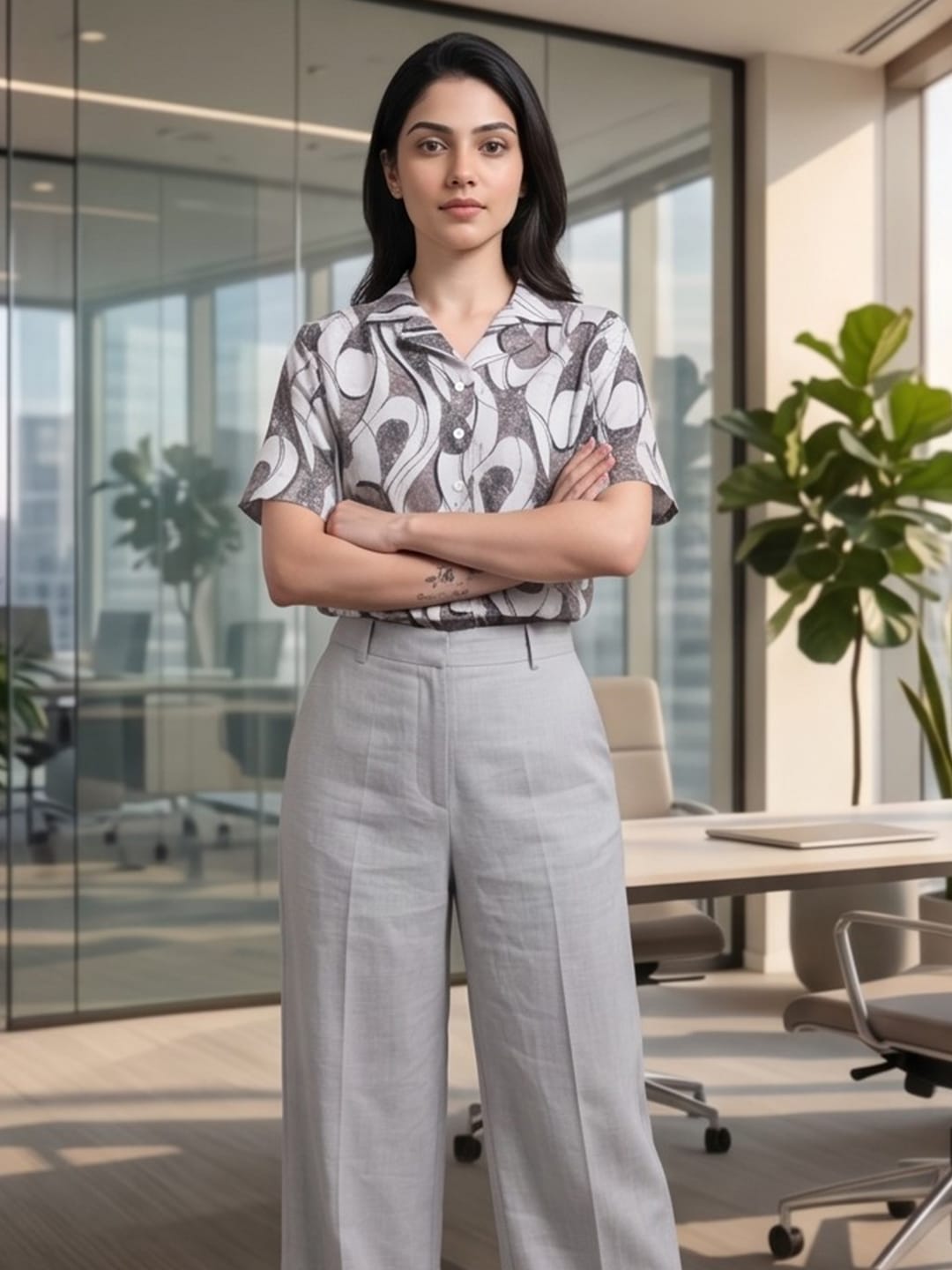 Grey Coloured Short Sleeves Shirt Collar Top