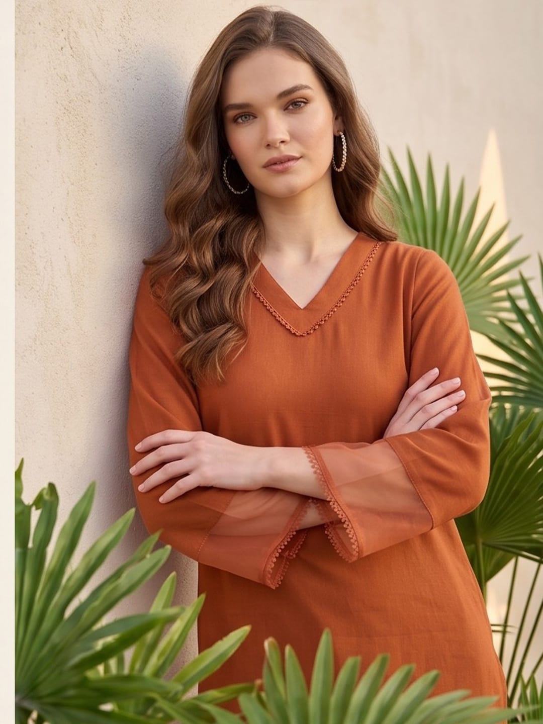 The Kurti Collection Women Rust Straight Kurta Paired With Tonal Trouser