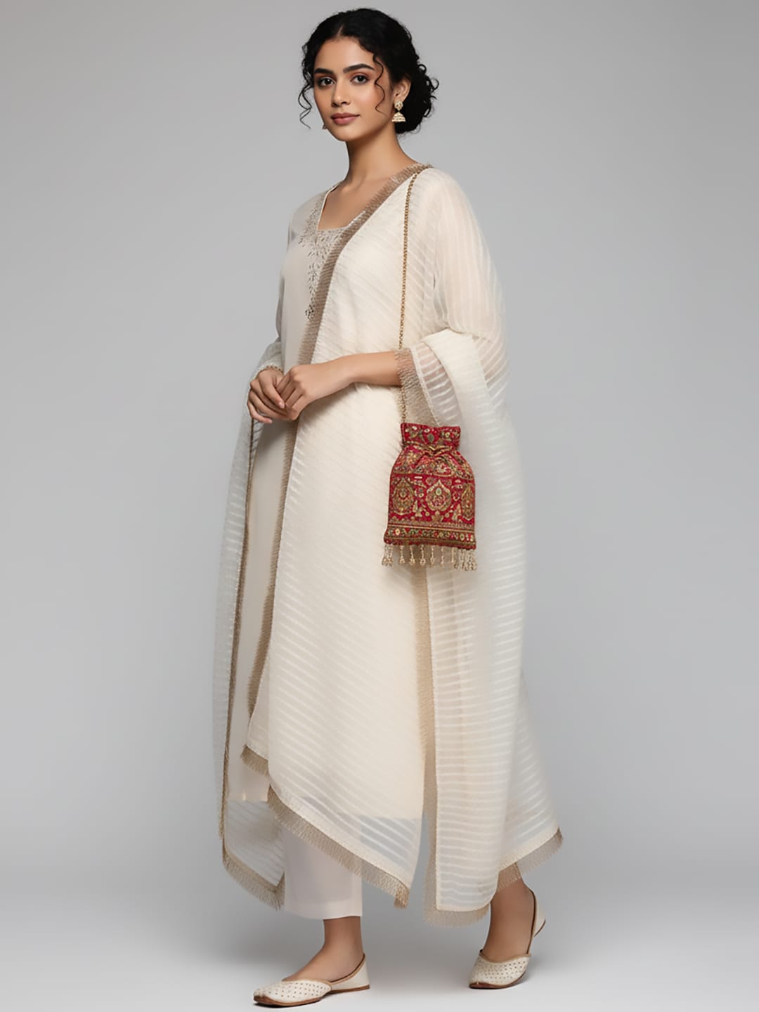 The Kurti Collection Women Off White Zari Embroidered And Sequinned Kurta Set With Dupatta