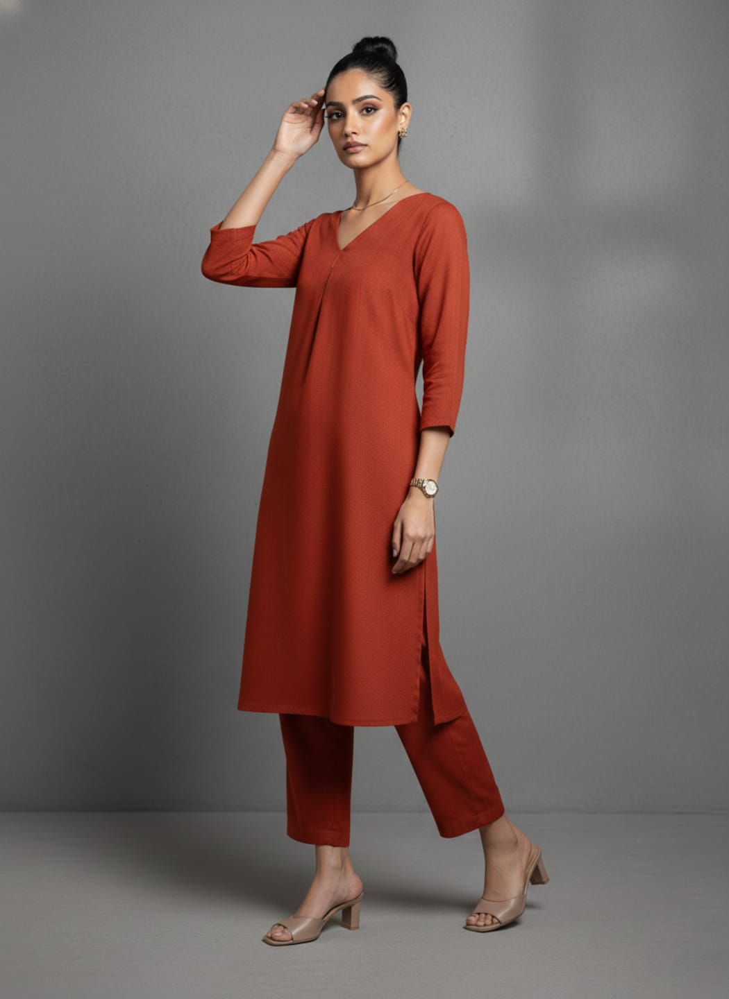 The Kurti Collection Women Orange Solid A-Line Kurta Paired With Tonal Bottom