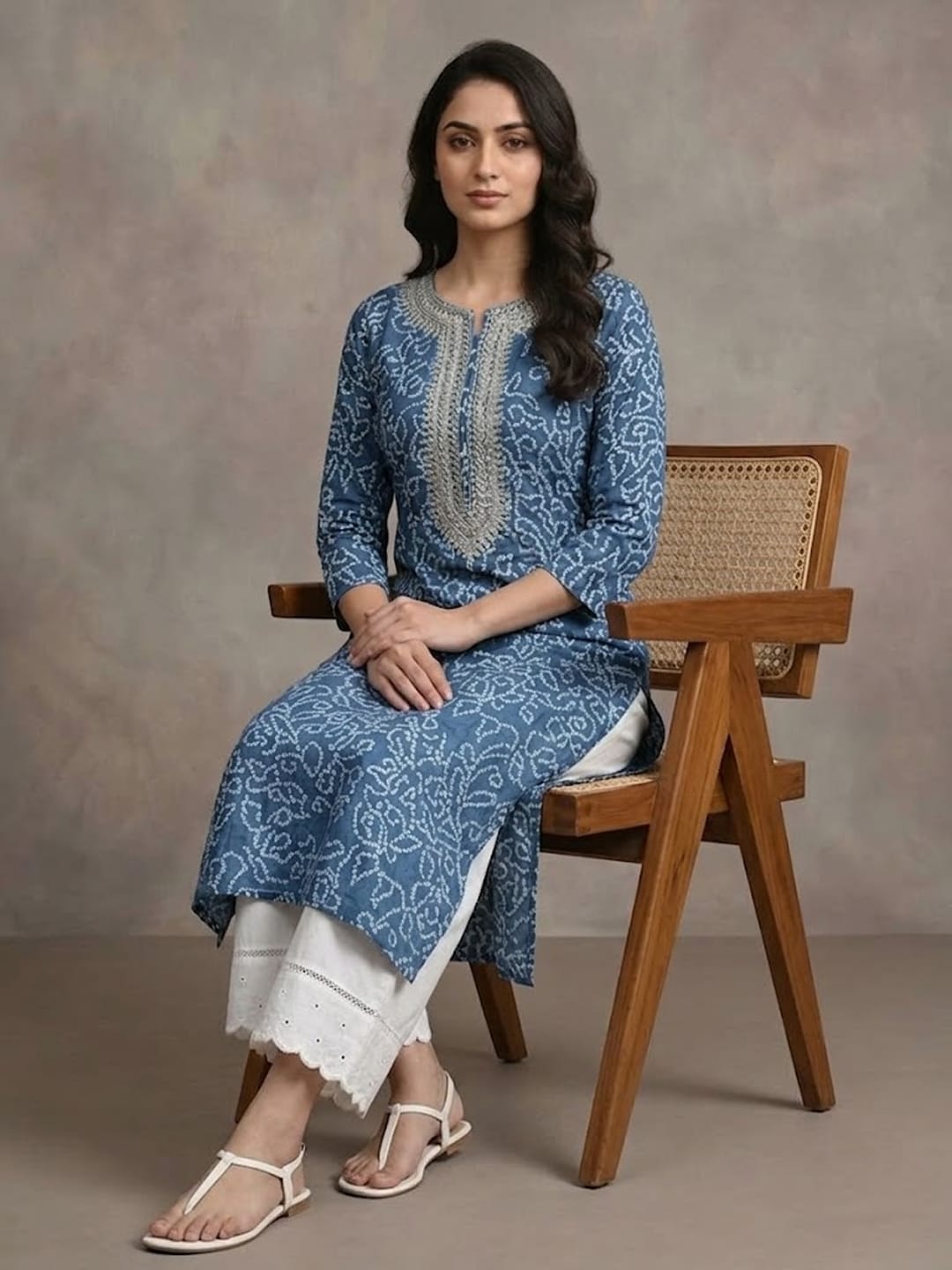 The Kurti Collection Women Blue Bandhani Printed Straight Kurta