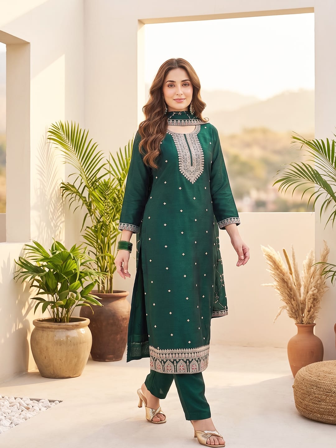 Vichitra Bead-Embellished Round Neck Kurta Solid Ankle-Length Trousers, And An Elegant Embroidered Dupatta
