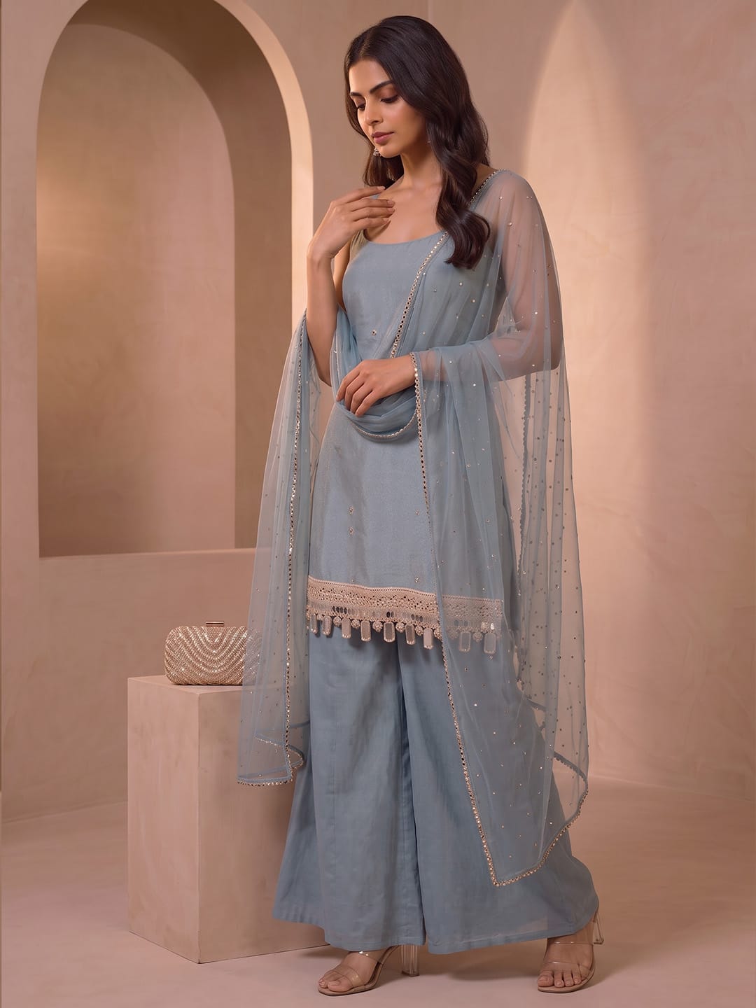 Powder Blue Mirror Work Halter-Neck Sharara Set