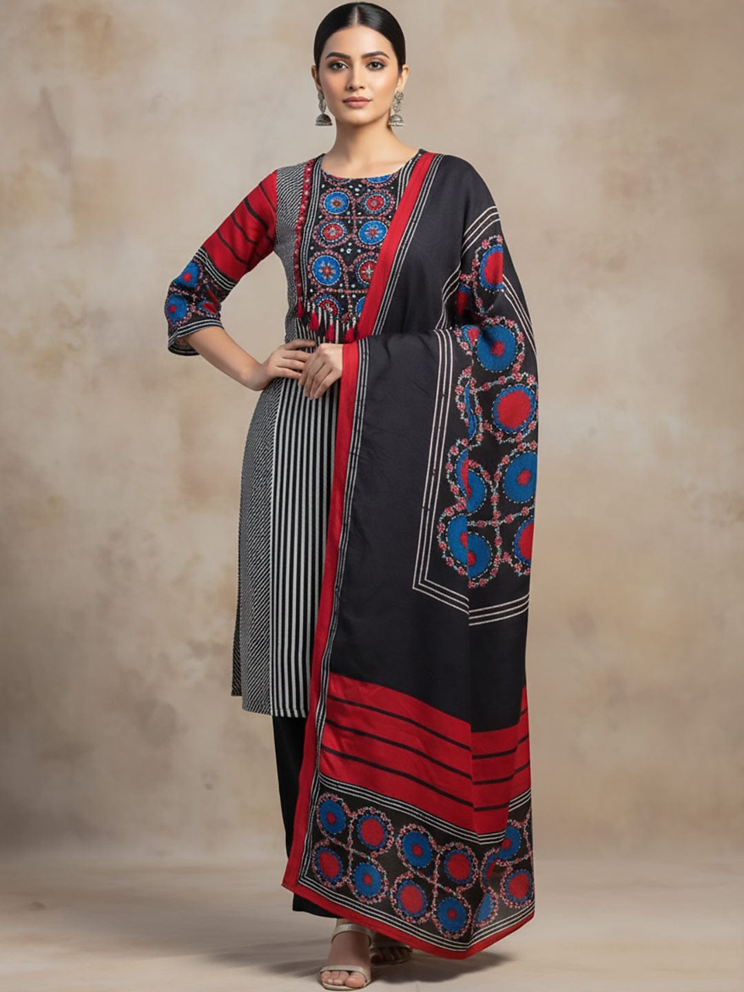 Stylish Black Straight-Fit Kurta with striped,Mughal & Ajarakh Print, Embellished Yoke, Dupatta & Trousers