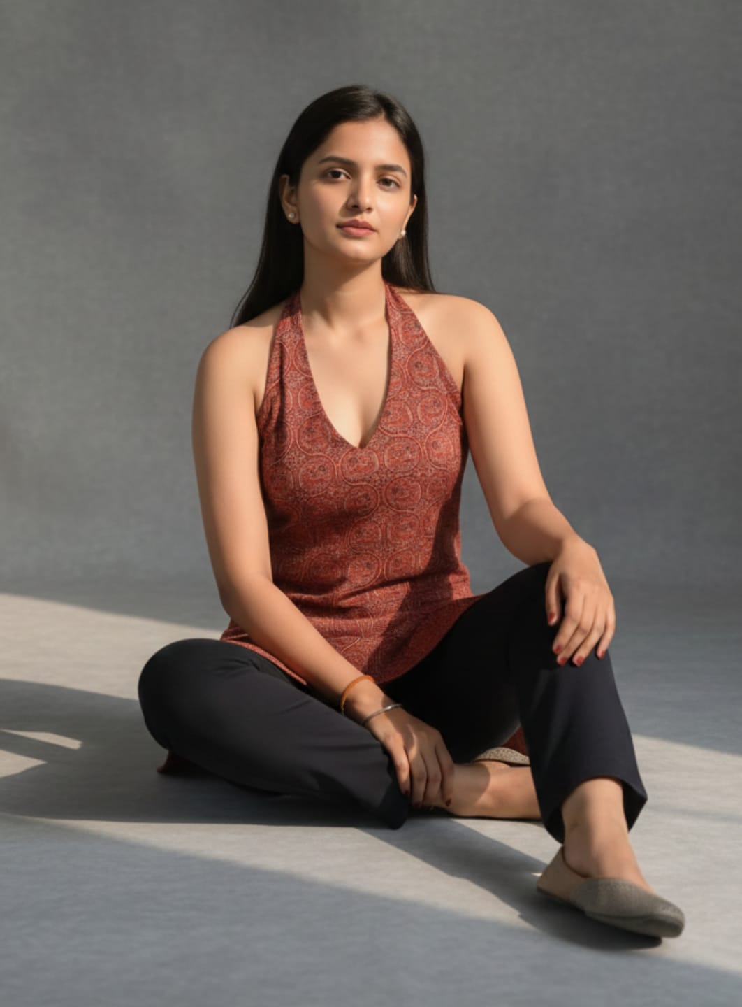 Rust Ajrakh Halter Neck With Crisscross Back Kurti