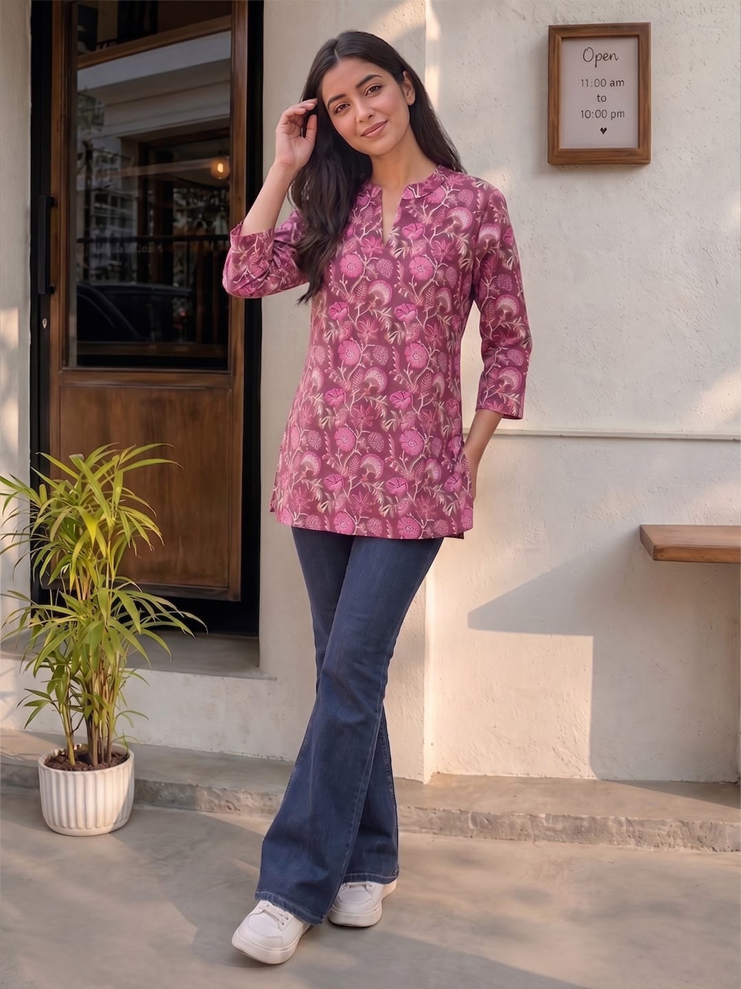 Women's Magenta Floral Block Print Cotton Short Kurti Top