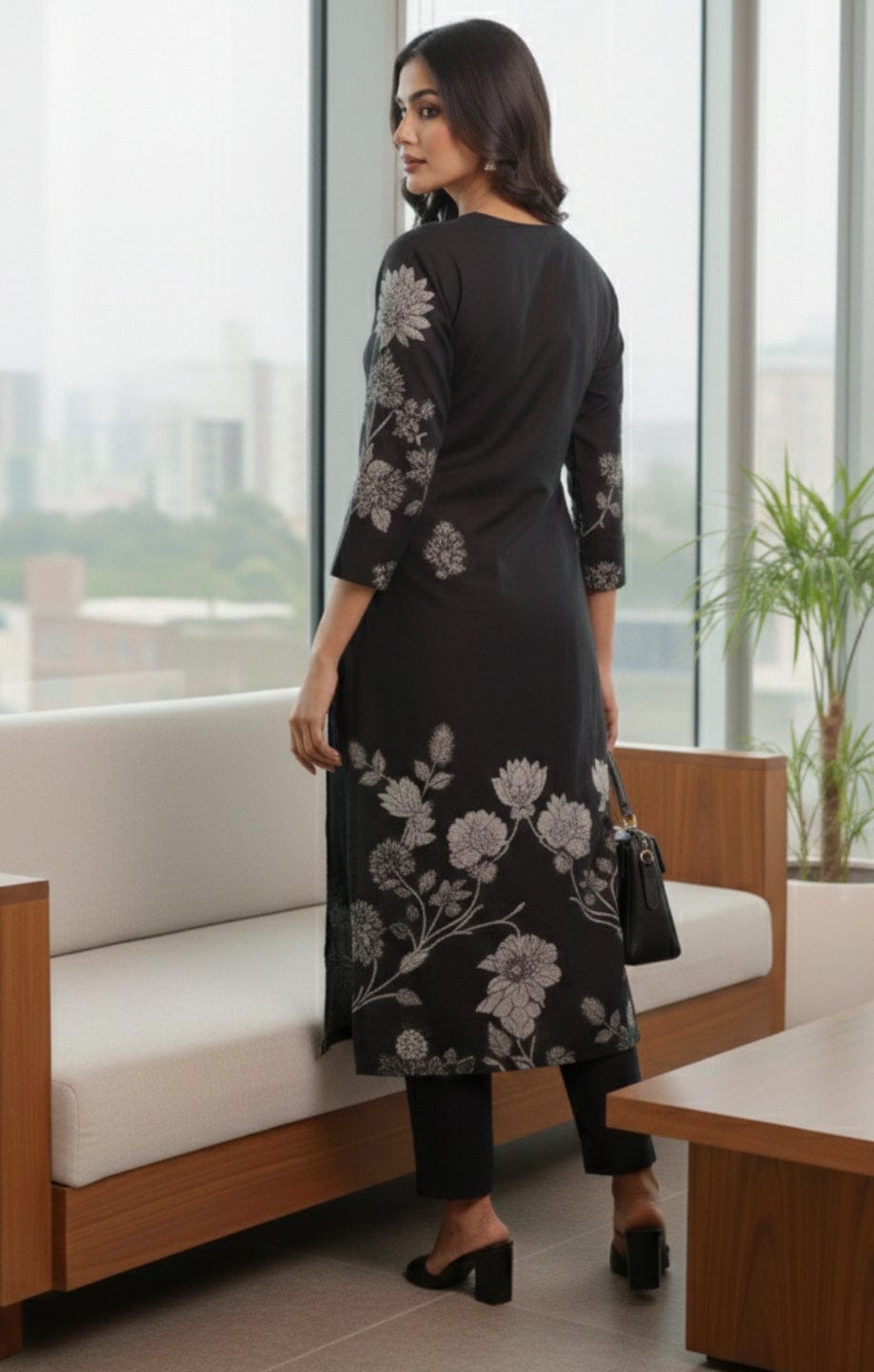 The Kurti Collection Women Black Floral Printed Kurta With Solid Trouser.