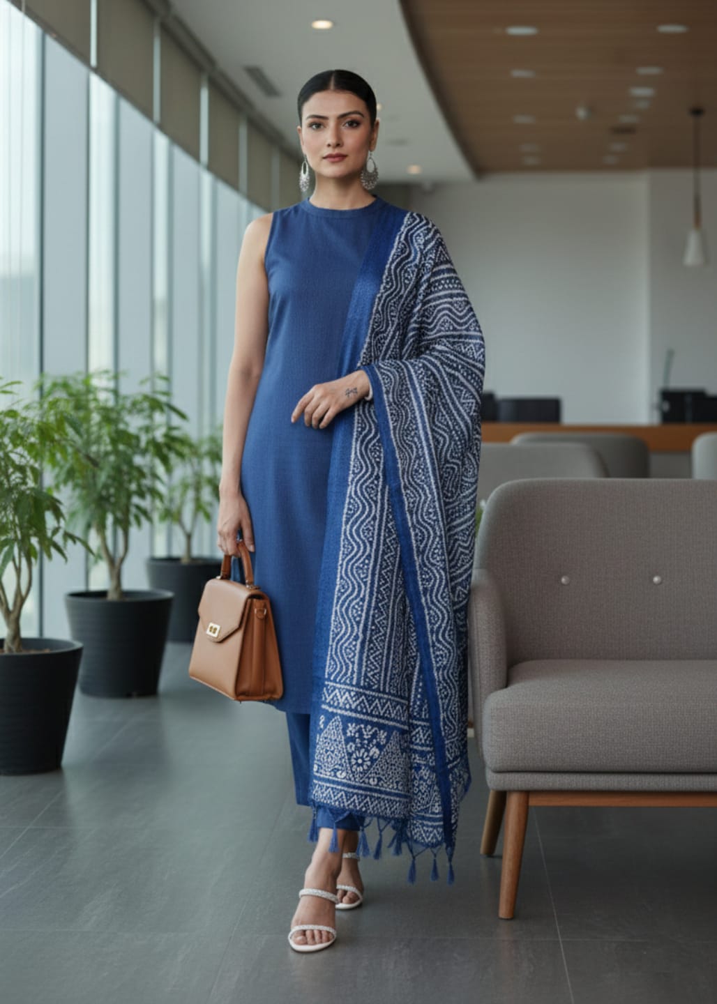 The Kurti Collection Women Blue Solid Kurta Set Paired With Printed Dupatta