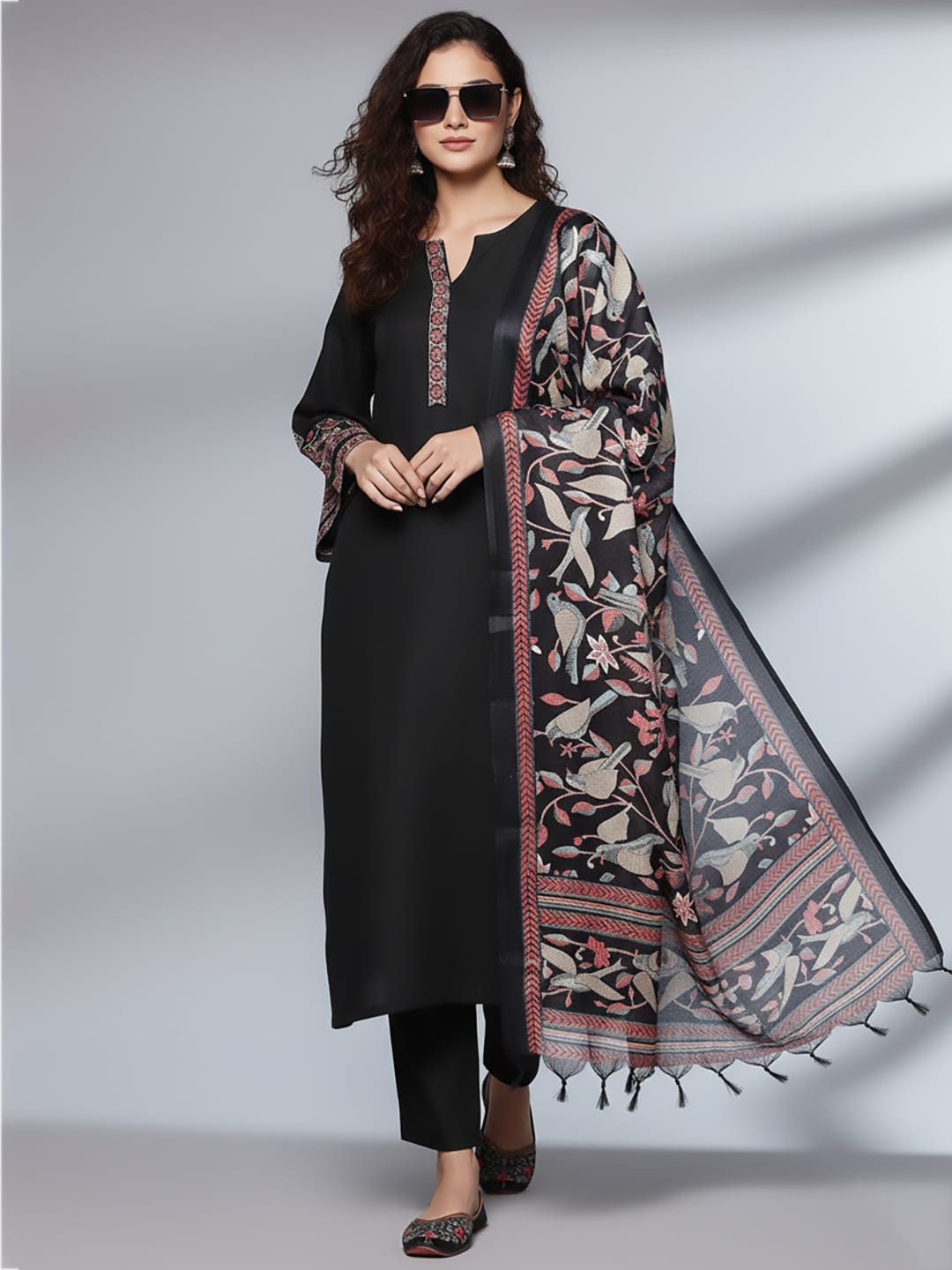 The Kurti Collection Women Black Embroidered Kurta Paired With Tonal Bottom And Printed Bhaghalpuri Dupatta