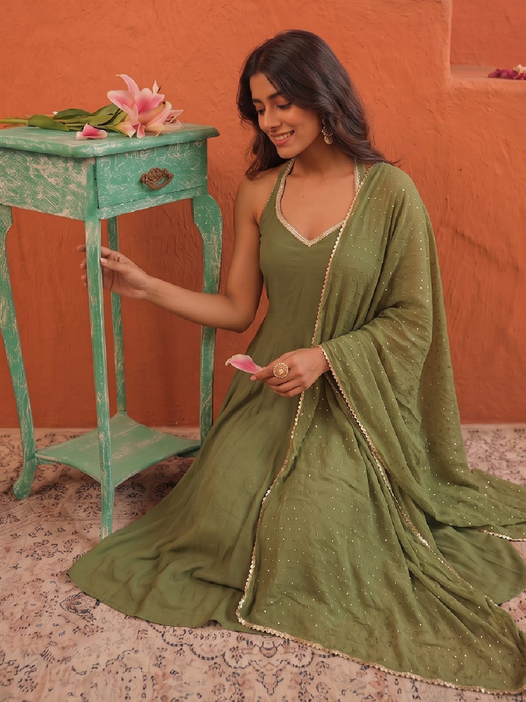 Olive Green Foil-Dot Anarkali Co-Ord Set