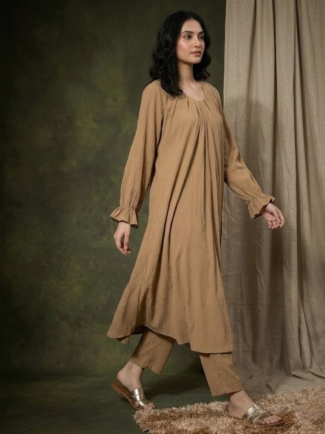 The Kurti Collection Women Beige Colour, Bishop Sleeve A-Line Kurta Paired With Tonal Bottom