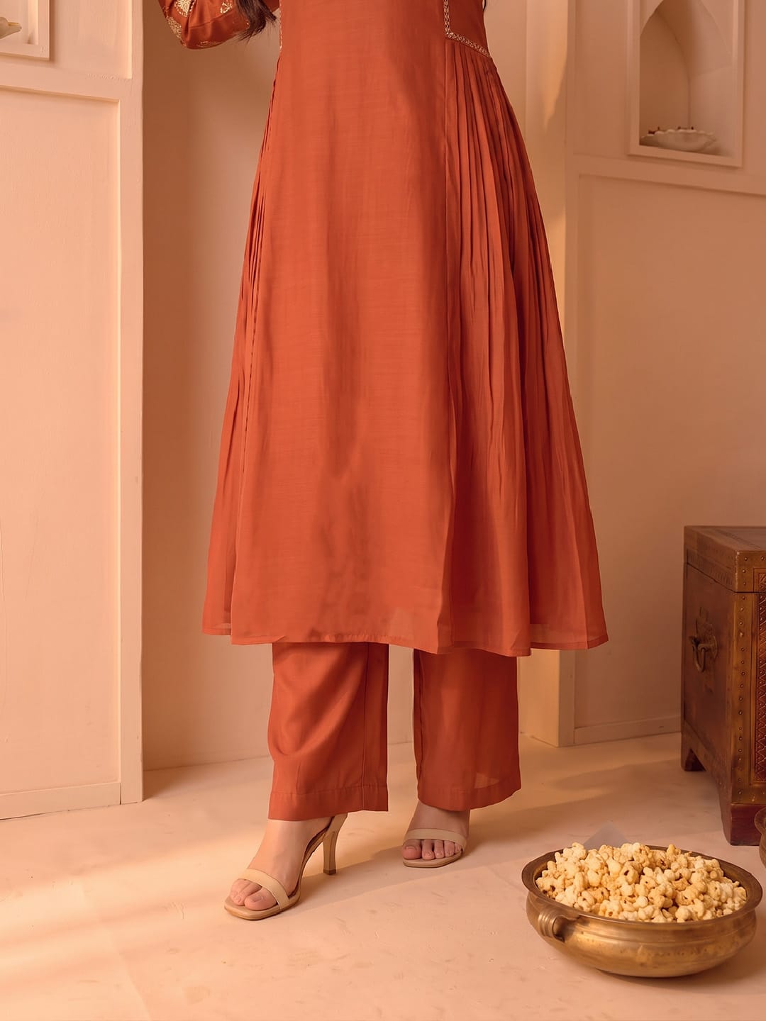 Rust Embroidered Shimmer Kurta Set With Embroidered Dupatta
