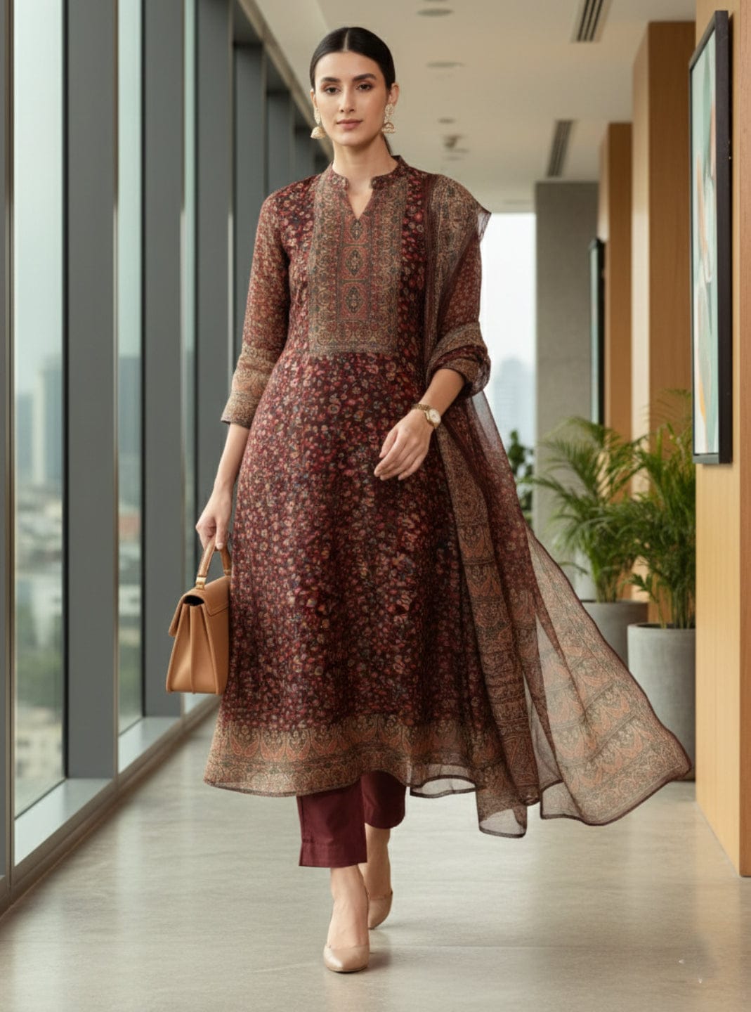 The Kurti Collection Women Brown Printed Straight Kurta Paired With Solid Bottom And Printed Dupatta