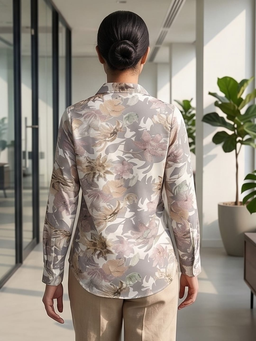 White Coloured Slim Collar Long Sleeves Floral Shirt