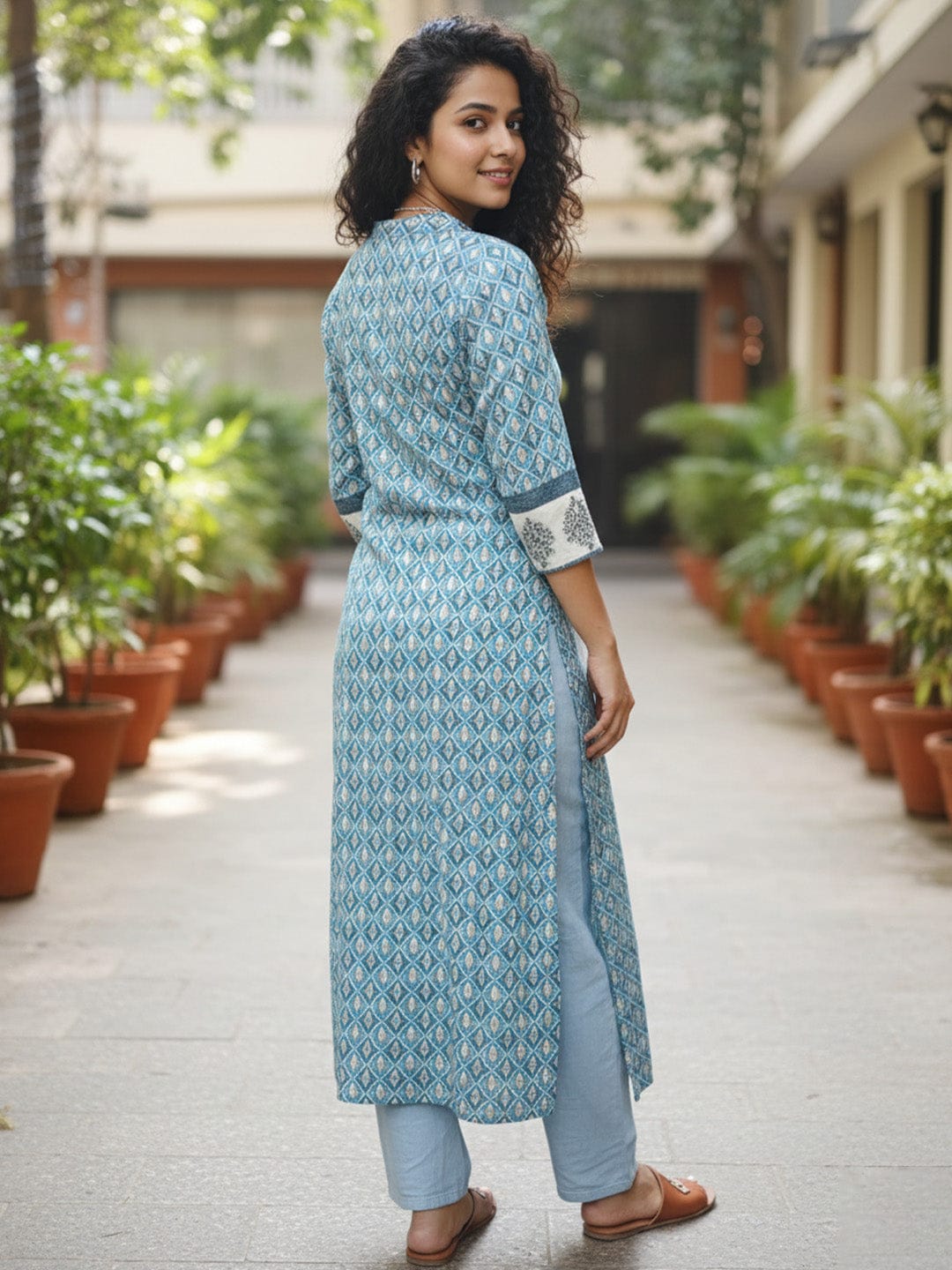 The Kurti Collection Blue Breeze Block-Print pure cotton Kurta