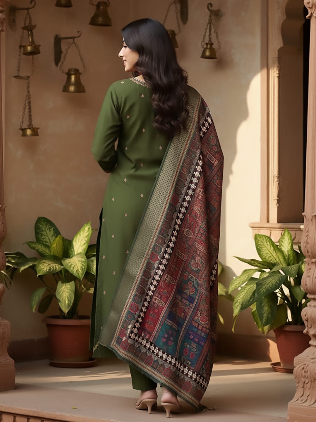 The Kurti Collection Women Olive Green Round Neck Placement Embroidered Kurta Paired With Tonal Bottom & Printed Dupatta