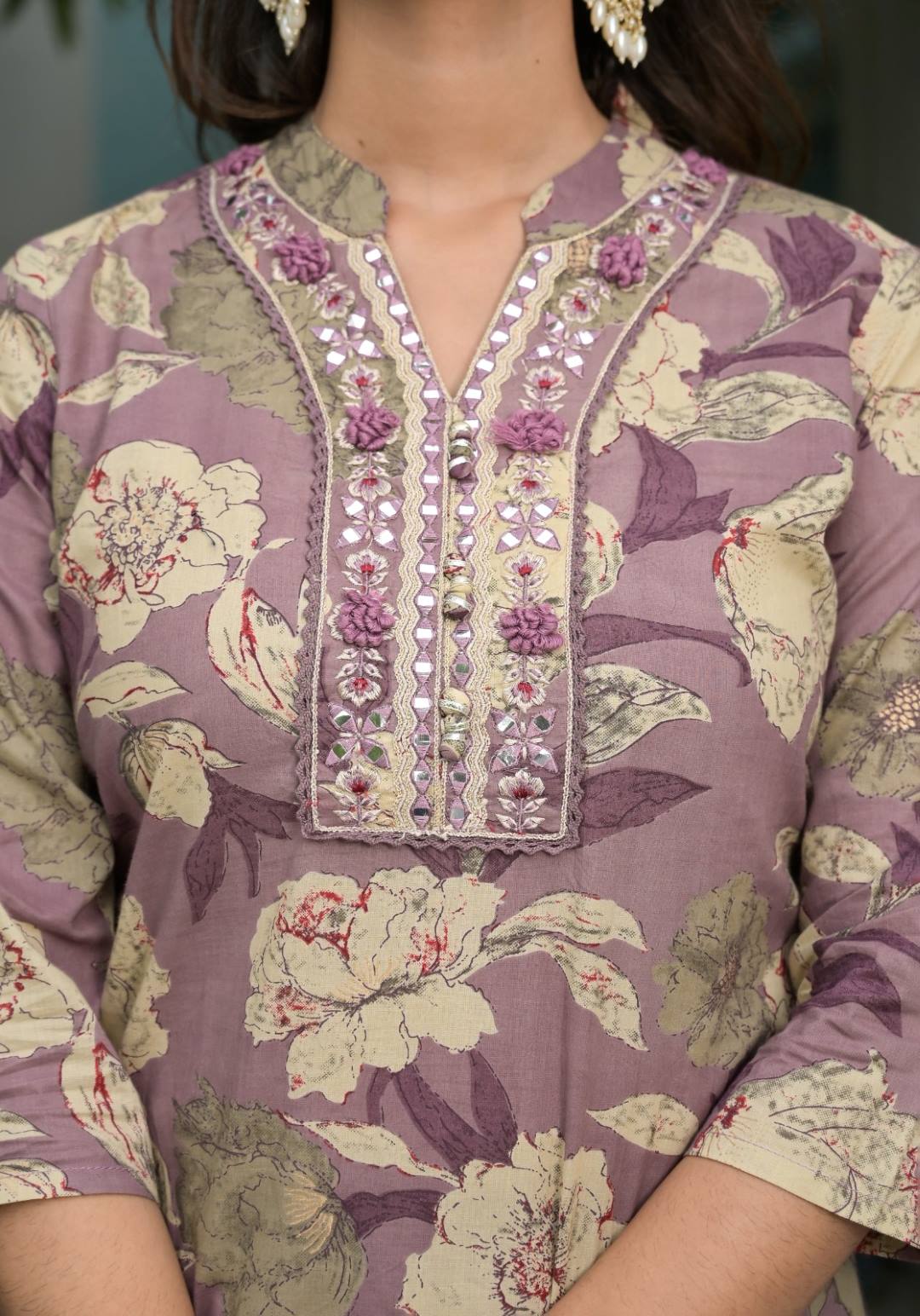 The Kurti Collection Women Lavender Floral Printed Mirror Embellished Straight Kurta Paired With Afghani Bottom And Printed Dupatta