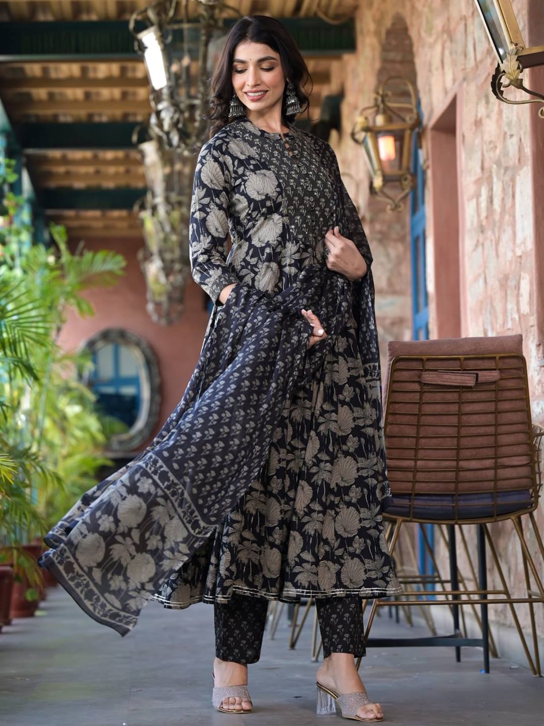 The Kurti Collection Women Black Mandarin Collar Embellished Yoke Three-Quarter Sleeves Paired With Printed Bottom And Dupatta