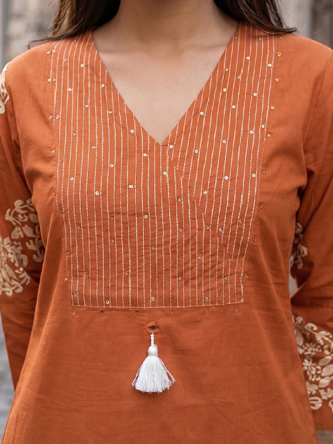 Rust Straight Kurta with Embroidered Yoke