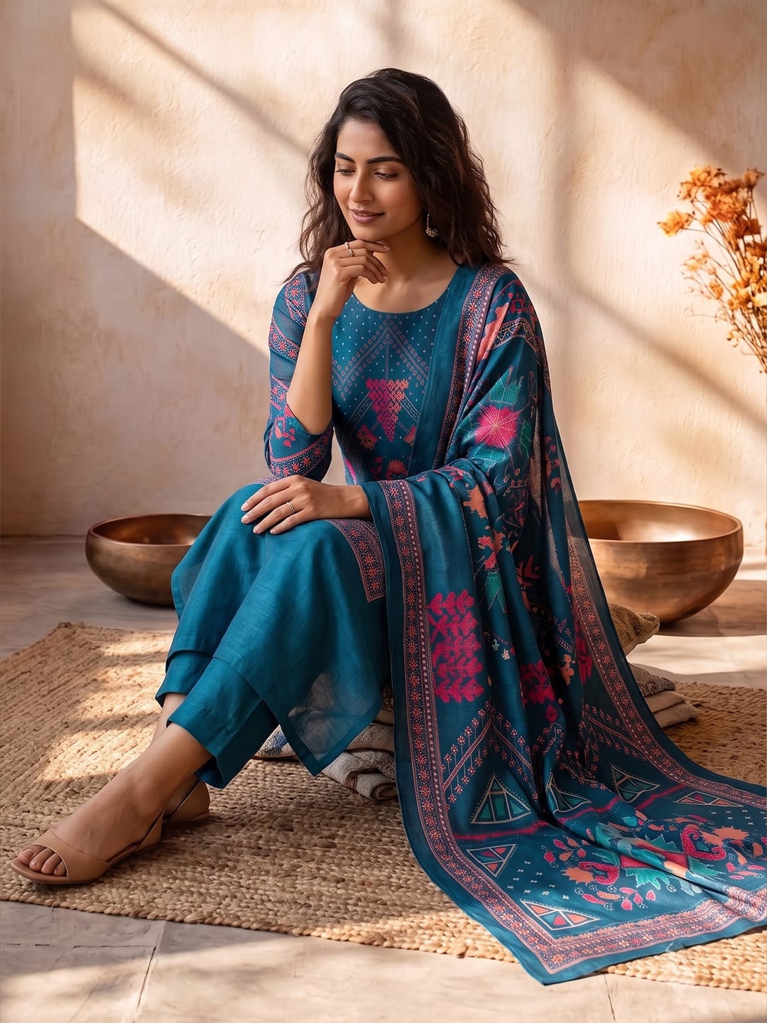 Kurta Set Featuring Artistic Prints And A Statement Dupatta