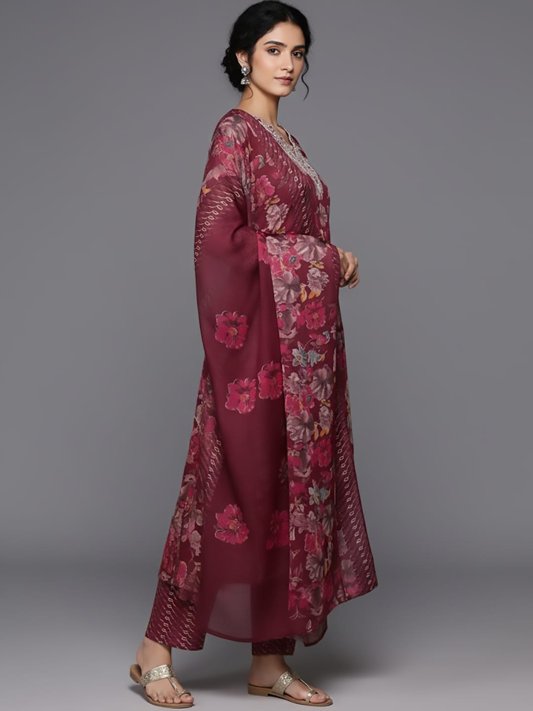 The Kurti Collection Women Maroon Floral Printed Embroidered Kurta Paired With Bottom And Dupatta