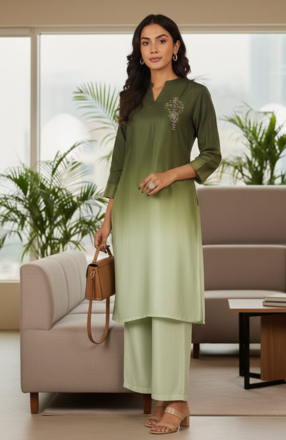 The Kurti Collection Women Mandarin Collar Placement Embroidered Kurta Paired With Tonal Bottom