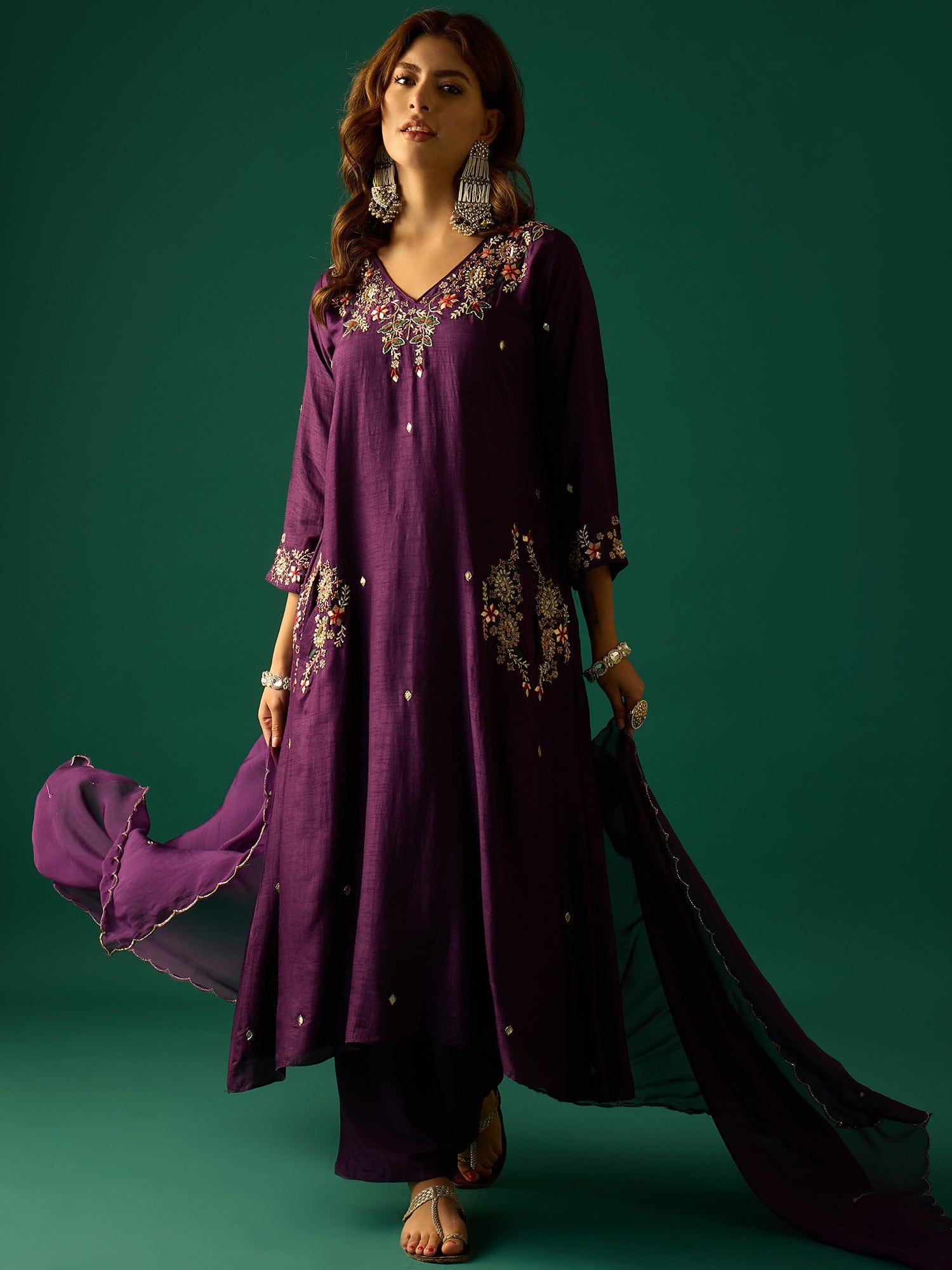 Kurta Embellished With Beads And Stones Paired Trousers And A Matching Bordered Dupatta