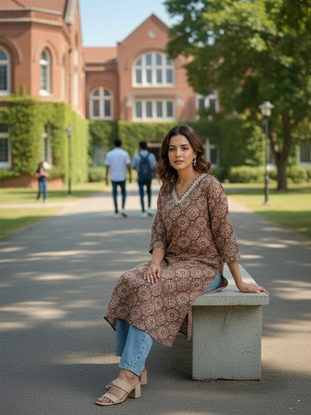 The Kurti Collection Traditional Jal Pattern Brown Kurta for Women