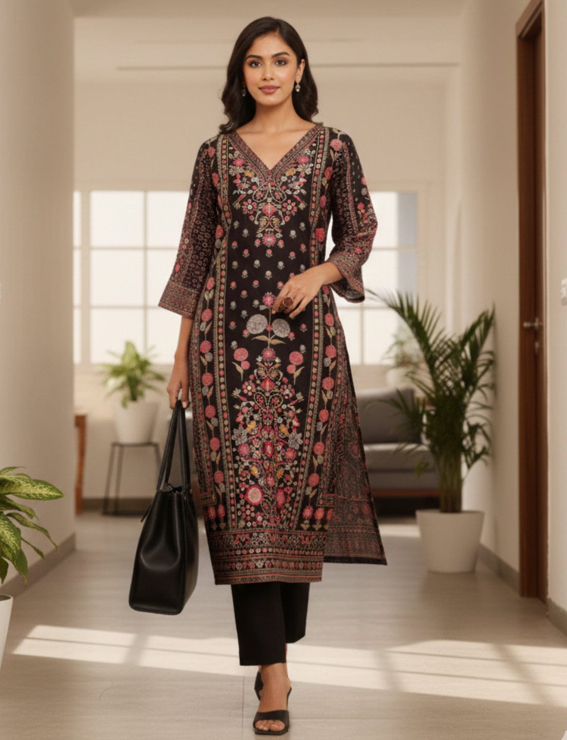 The Kurti Collection Women Black Ethnic Floral Printed Kurta With Solid Trouser.