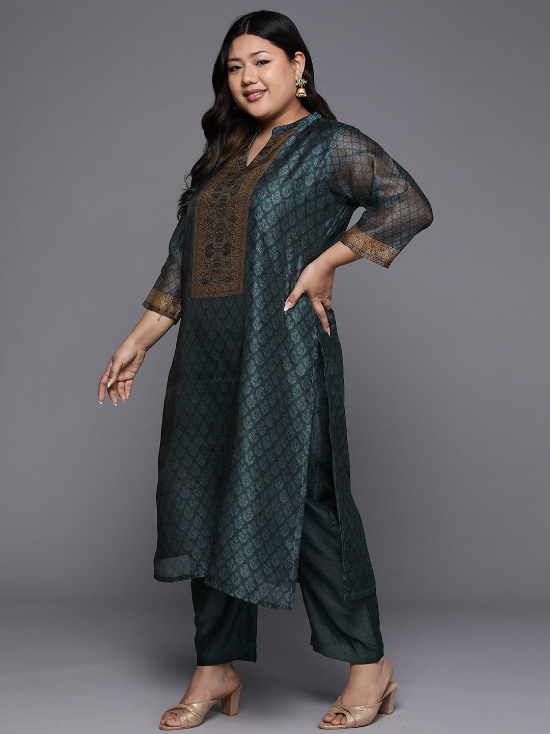 The Kurti Collection Plus Size Ethnic Motifs Printed Chanderi Silk Kurta With Trousers Dupatta