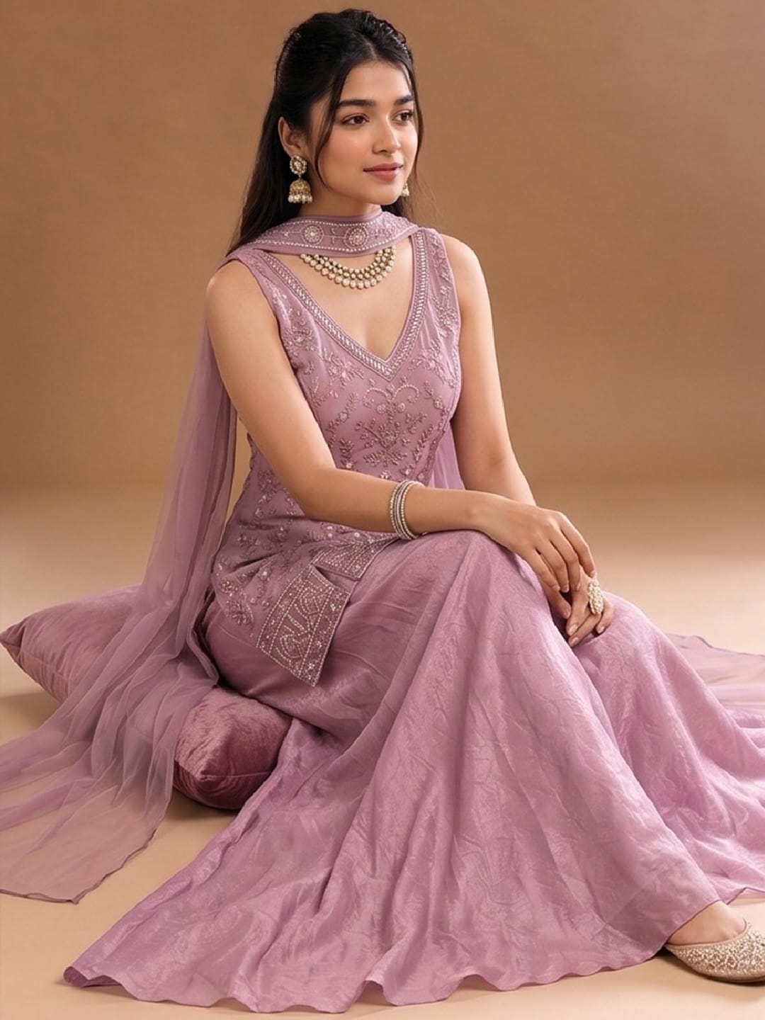 Women's Embroidered Shimmer Short Kurta With Palazzo And Dupatta