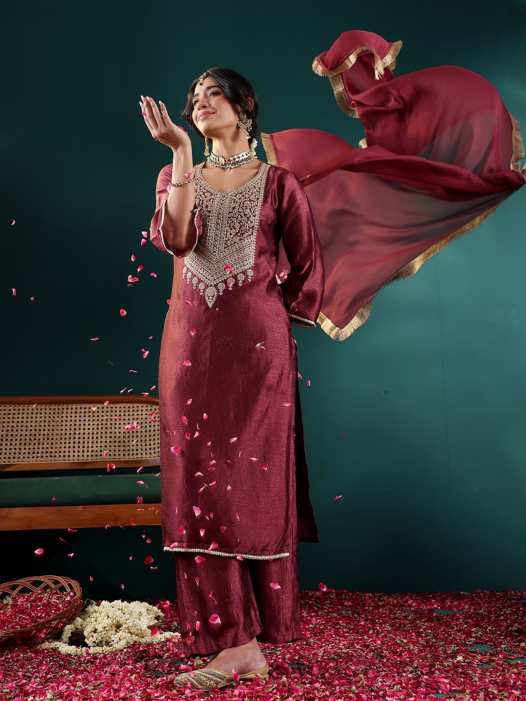 The Kurti Collection Women Burgundy Zari Embroidered Kurta With Bottom And Dupatta