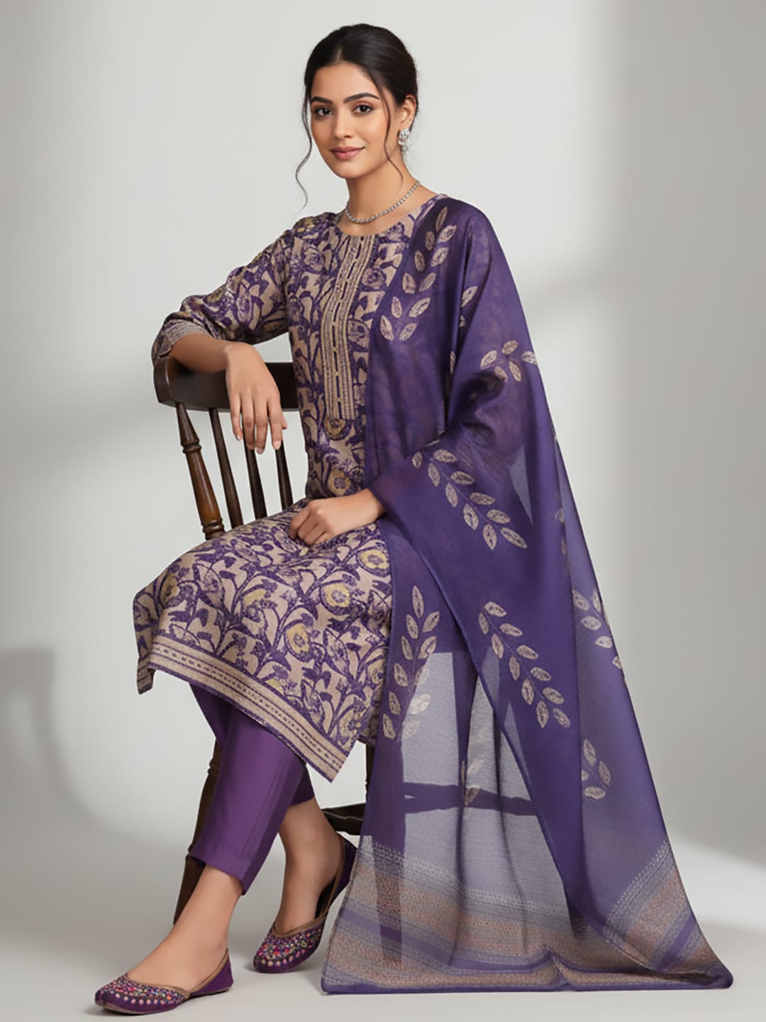 The Kurti Collection Women Purple Floral Printed Straight Kurta With Trousers And Printed Dupatta.