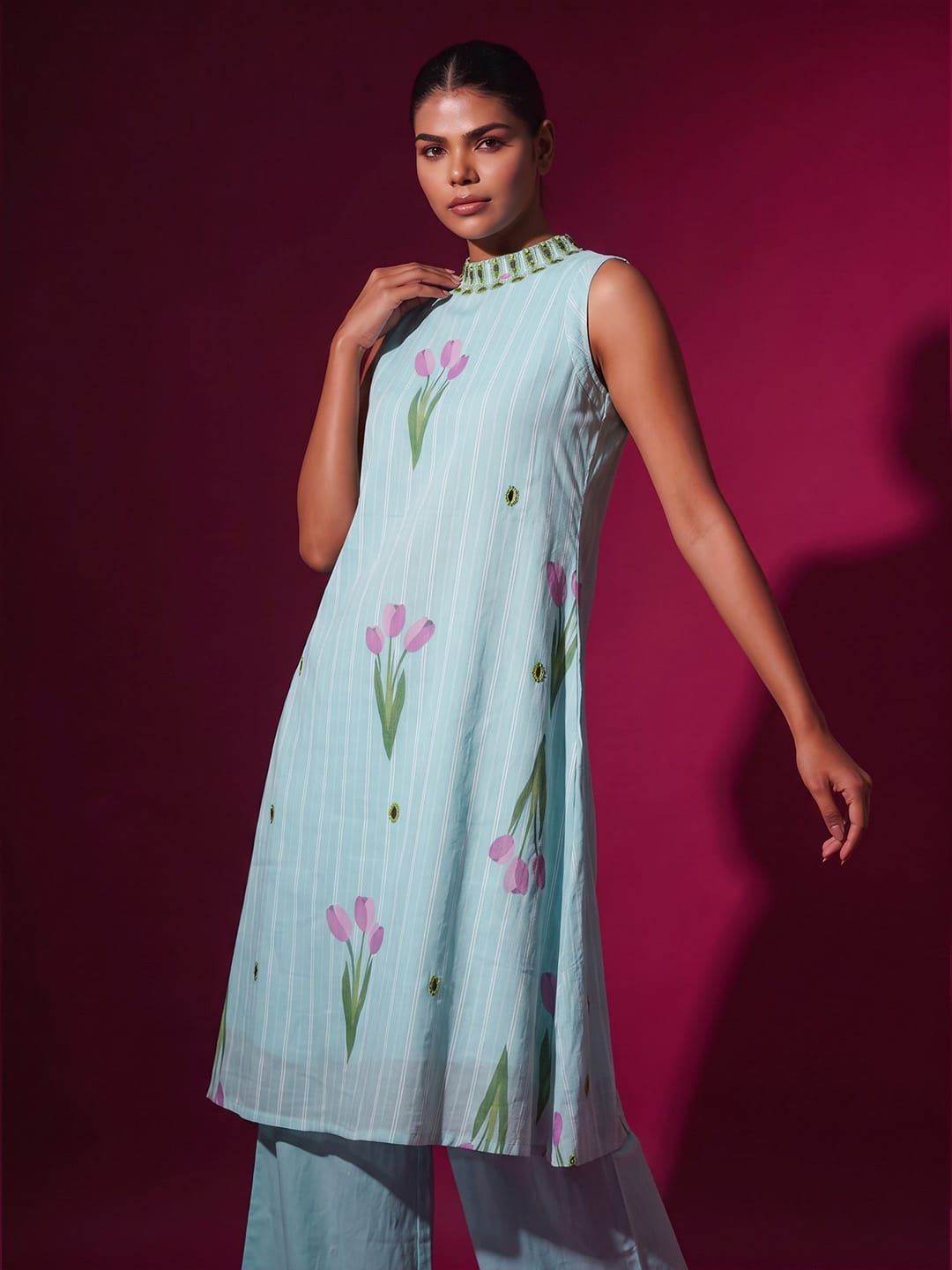 Sky Blue Tulip Print Halter Neck Kurta Set With Wide-Leg Trousers