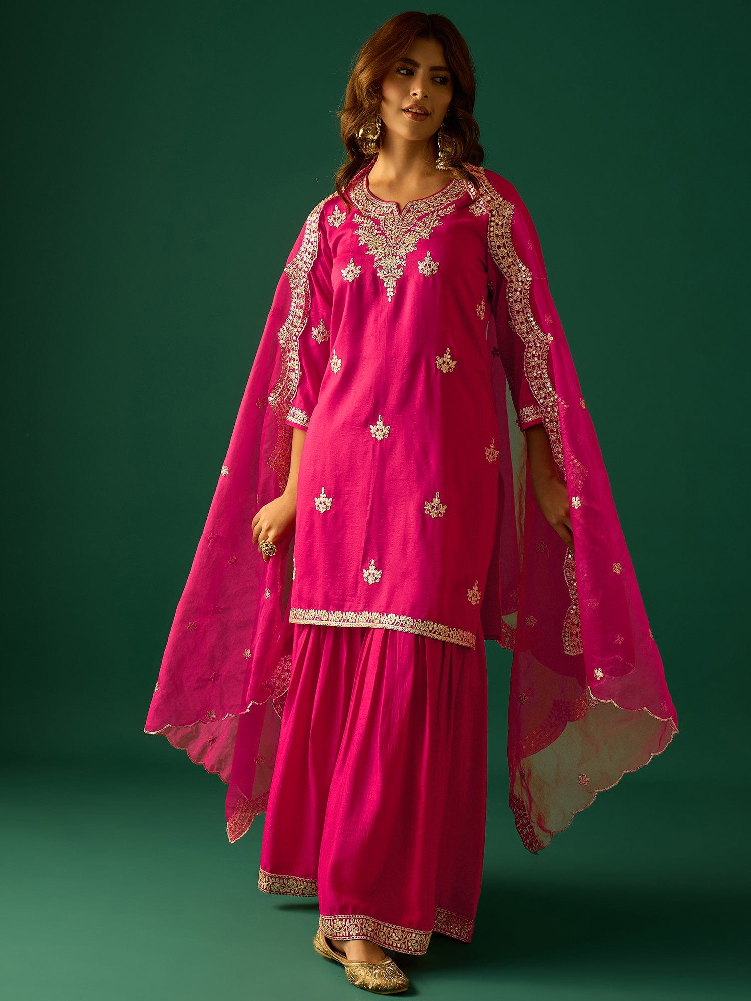 Zari Work Kurta With Sharara And Dupatta