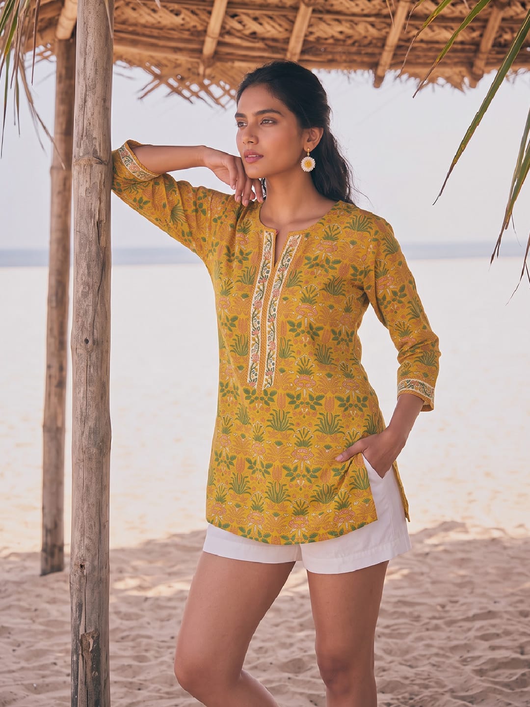 Mustard Yellow Botanical Print Notch-Neck Short Kurta