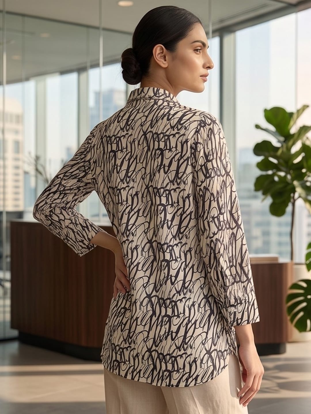 Cream Coloured Slim Collar Long Sleeves Abstract Shirt
