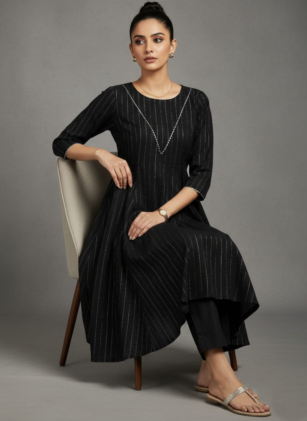The Kurti Collection Women Black Lurex Crepe Anarkali Kurta With Trousers.