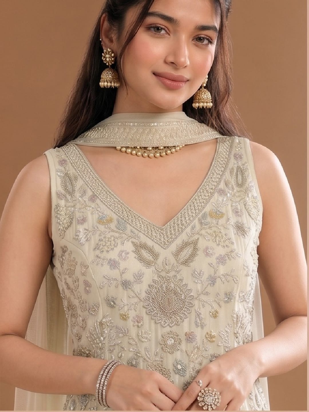 Women's Beads Embroidered Shimmer Short Kurta With Palazzo And Dupatta
