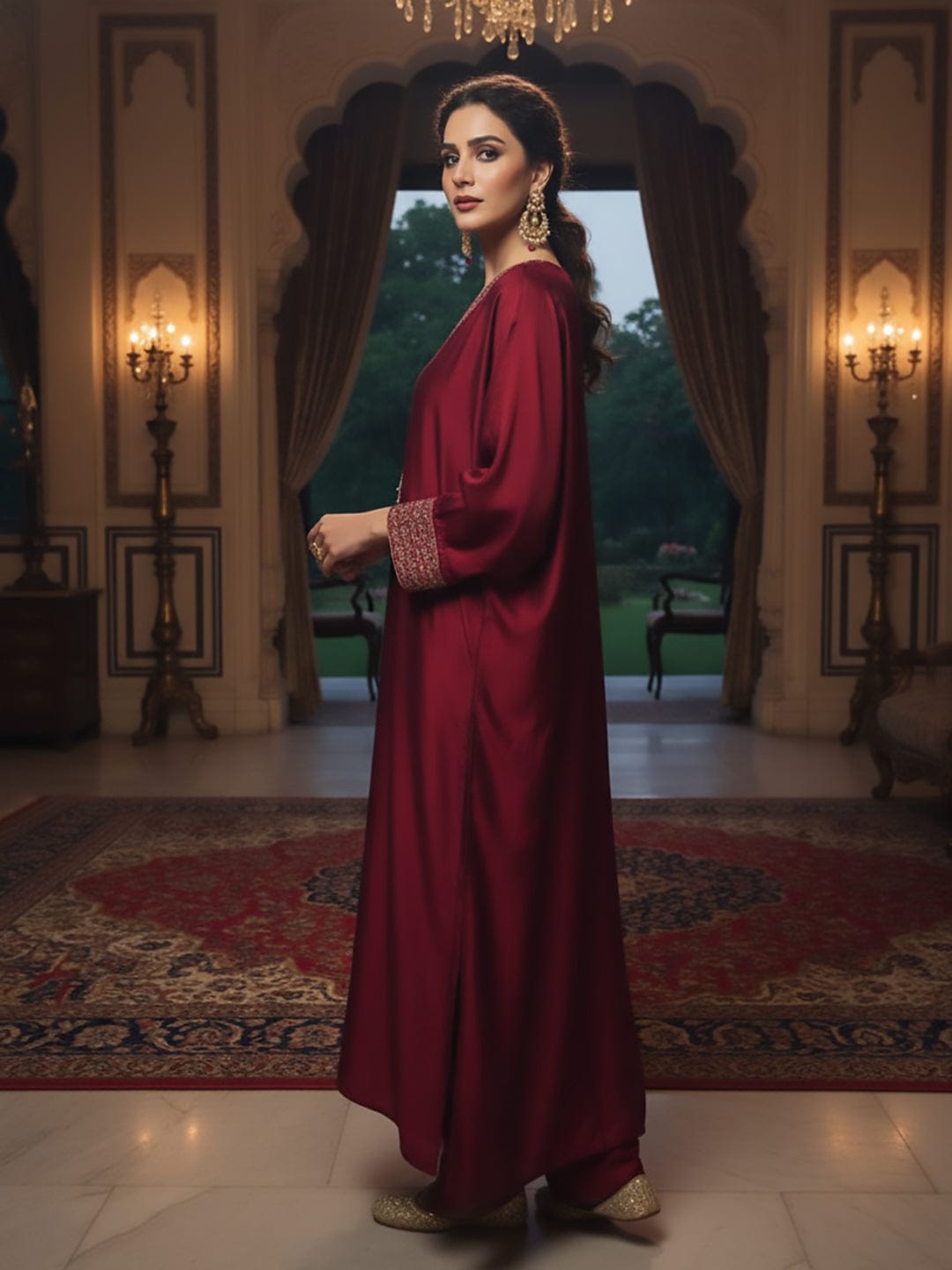 Zari Embroidered Neck Flared Kaftan with Trouser