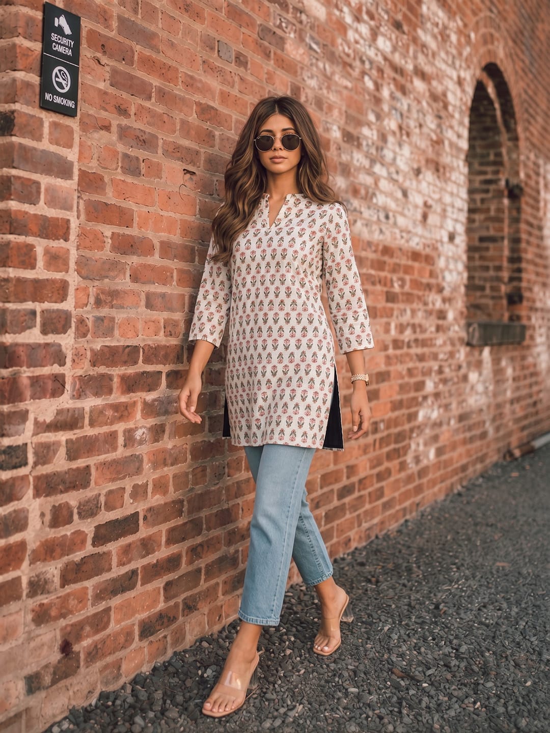 Women's Off-White Floral Block Print Tunic Top