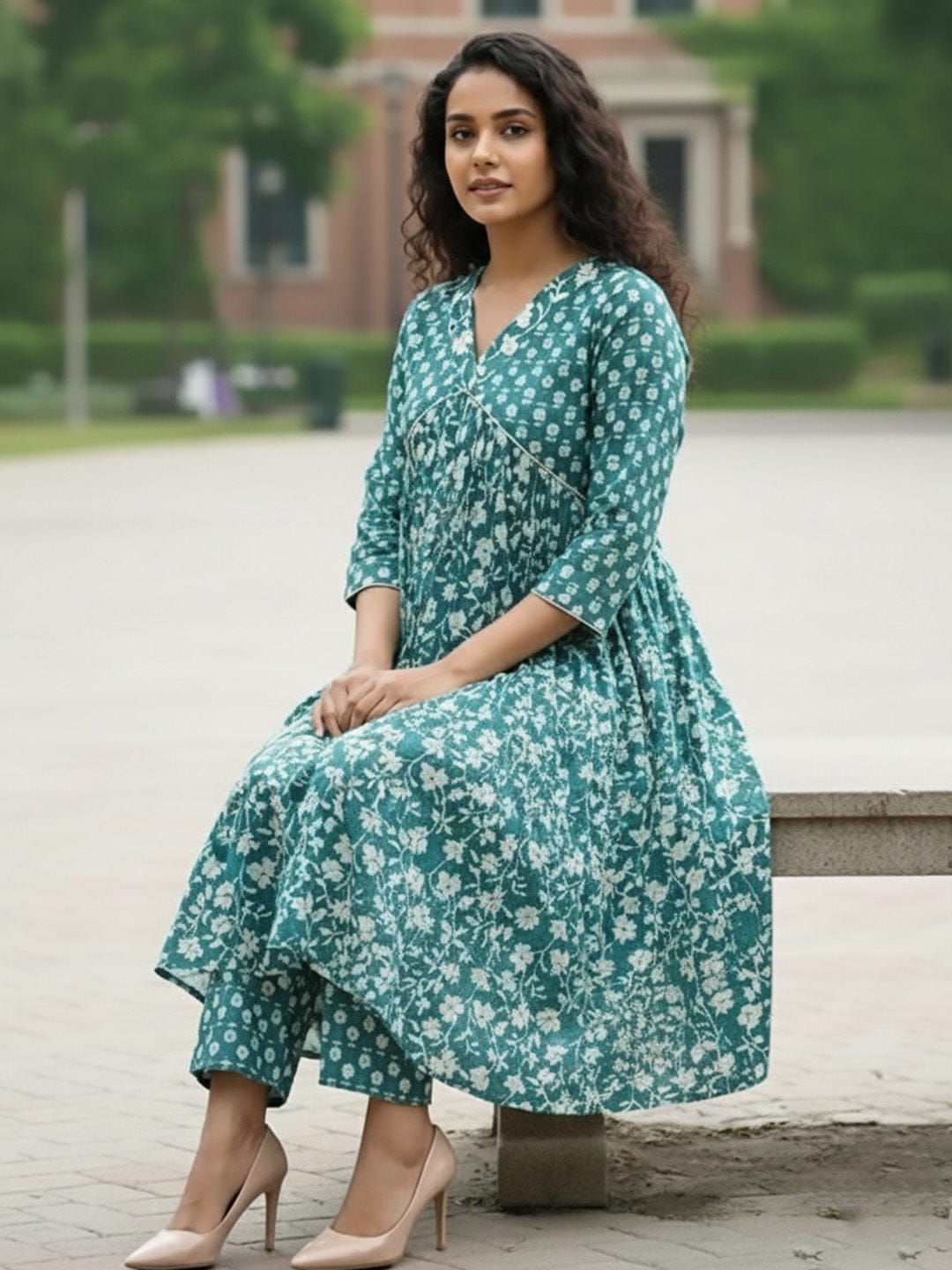 floarl print Aliya-cut kurta in blue and white, teamed with regular-fit ankle-length trousers.